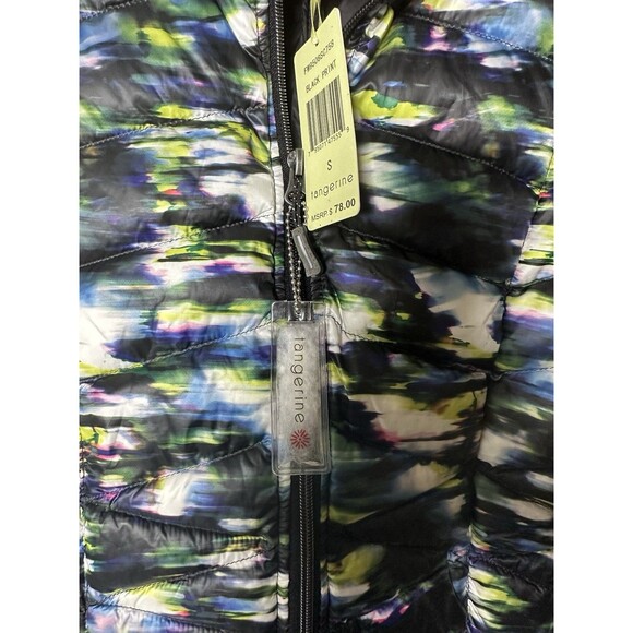 Tangerine Puffer Vest Packable Black Multi Color Watercolor Size Small Women’s - Picture 2 of 8